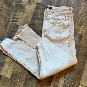 Aqua Women's Light Cream/Beige Color Blocked Ankle Jeans